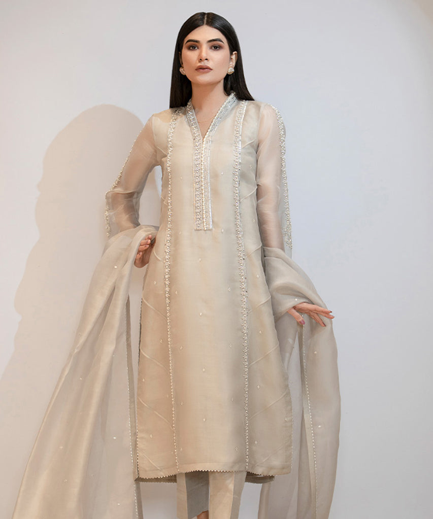 Pure Organza Shirt, Pure Organza Dupatta, Pure Raw Silk Trousers-Full Set