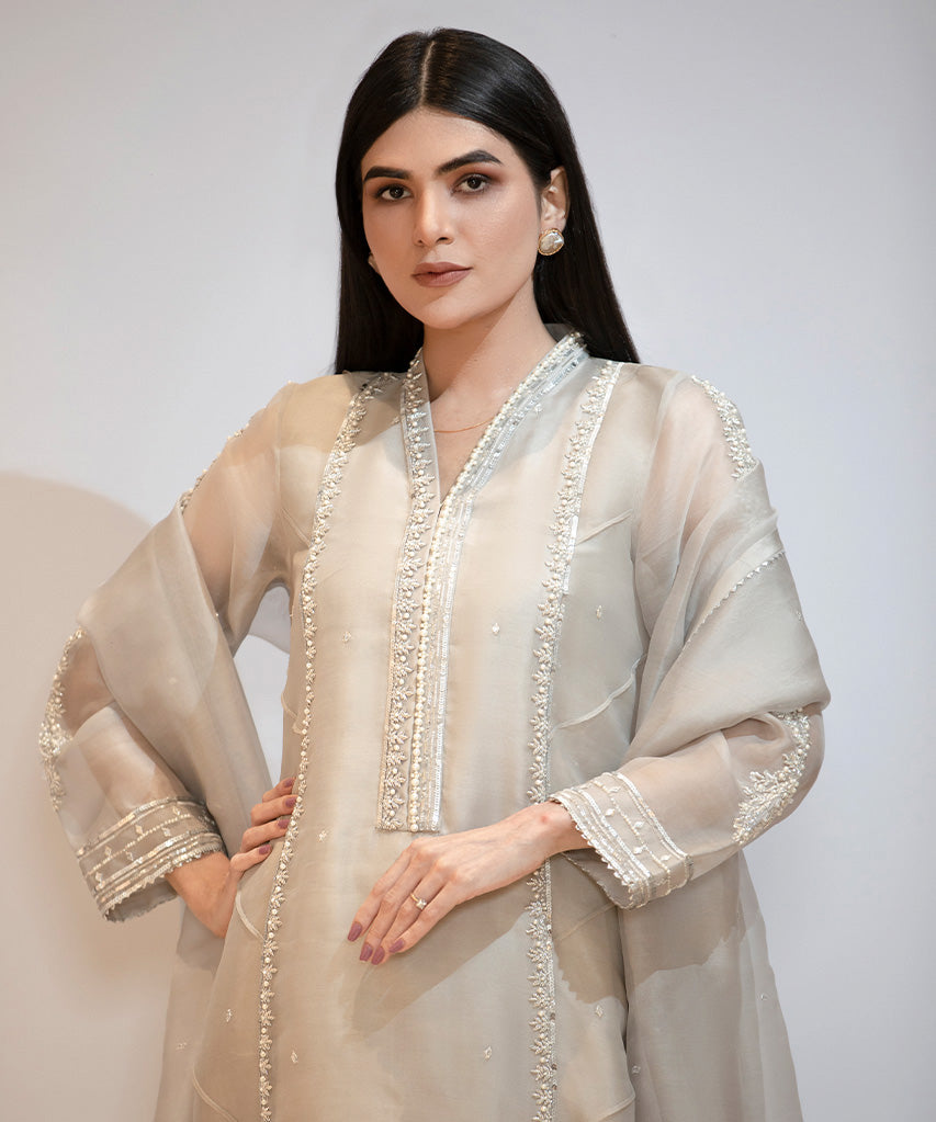 Pure Organza Shirt, Pure Organza Dupatta, Pure Raw Silk Trousers-Full Set