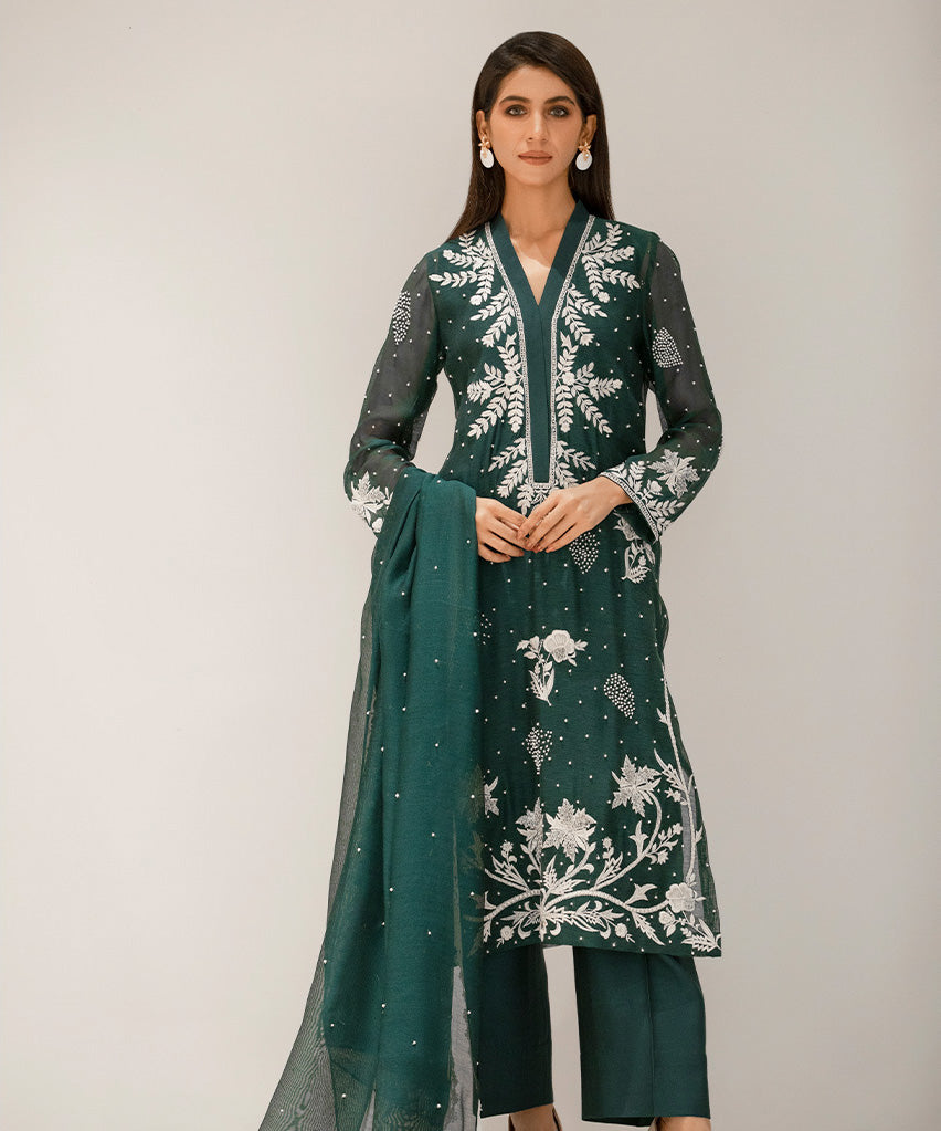 Khaddi Silk Net Shirt, Khaddi Silk Net Dupatta, Cotton Silk Trousers-Full Set