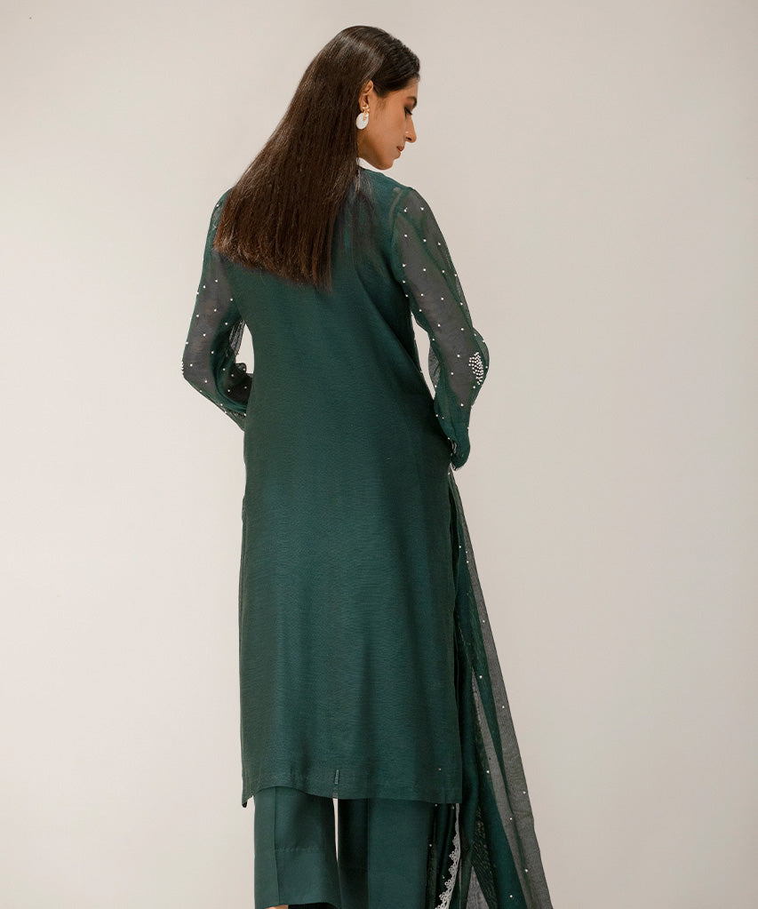 Khaddi Silk Net Shirt, Khaddi Silk Net Dupatta, Cotton Silk Trousers-Full Set