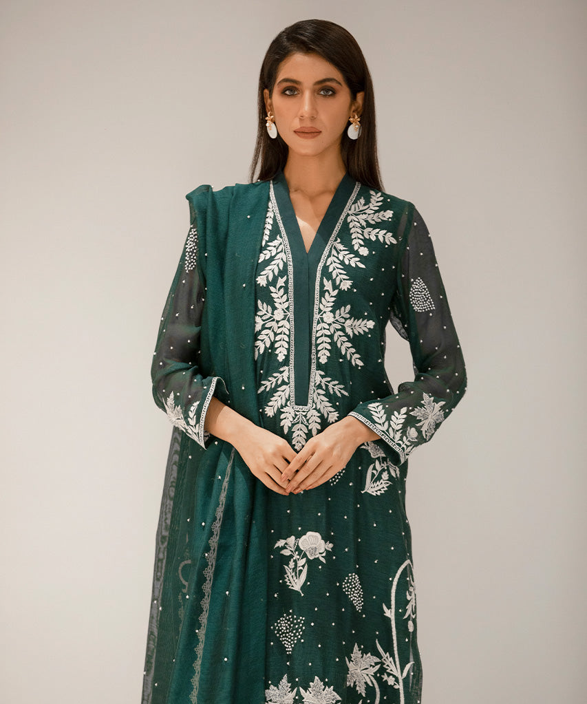 Khaddi Silk Net Shirt, Khaddi Silk Net Dupatta, Cotton Silk Trousers-Full Set