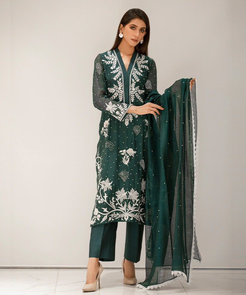 Khaddi Silk Net Shirt, Khaddi Silk Net Dupatta, Cotton Silk Trousers-Full Set